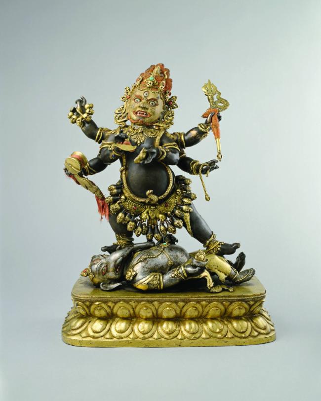 Six-Armed Mahakala; Mongolia; 18th century; gilt copper alloy with semi-precious stones; Rubin …