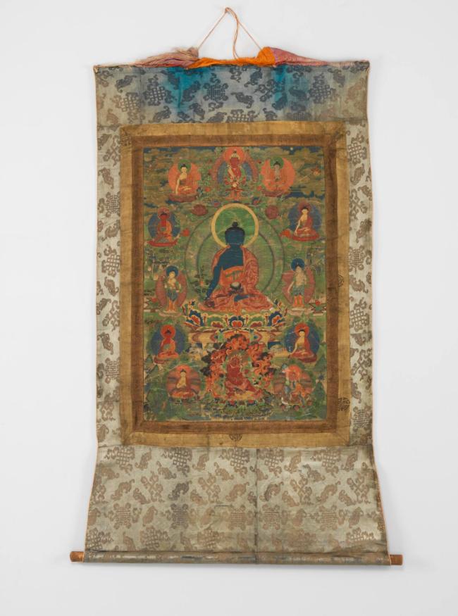 Medicine Buddha, Bhaisajyaguru; Tibet; 18th-19th century; pigments on cloth; Rubin Museum of Hi…