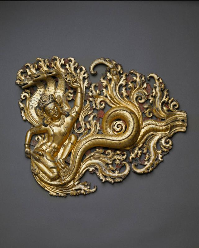 Flying Naga; Nepal or Tibet; 14th century; gilt copper alloy; repoussé; Rubin Museum of Himalay…